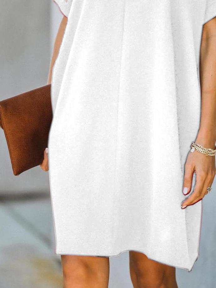 V-Neck Rolled Cuff Short Sleeve Center Seam Shift Mini Dress