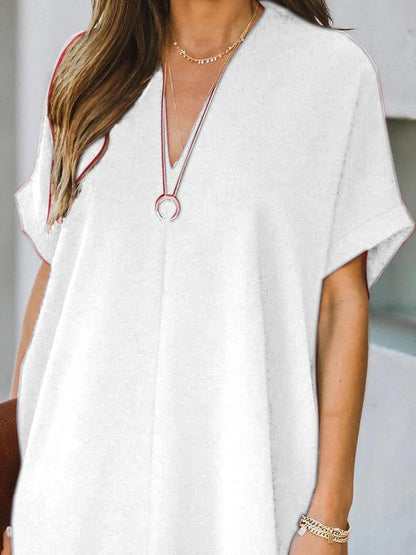 V-Neck Rolled Cuff Short Sleeve Center Seam Shift Mini Dress