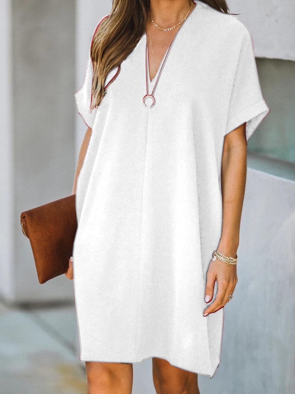 V-Neck Rolled Cuff Short Sleeve Center Seam Shift Mini Dress