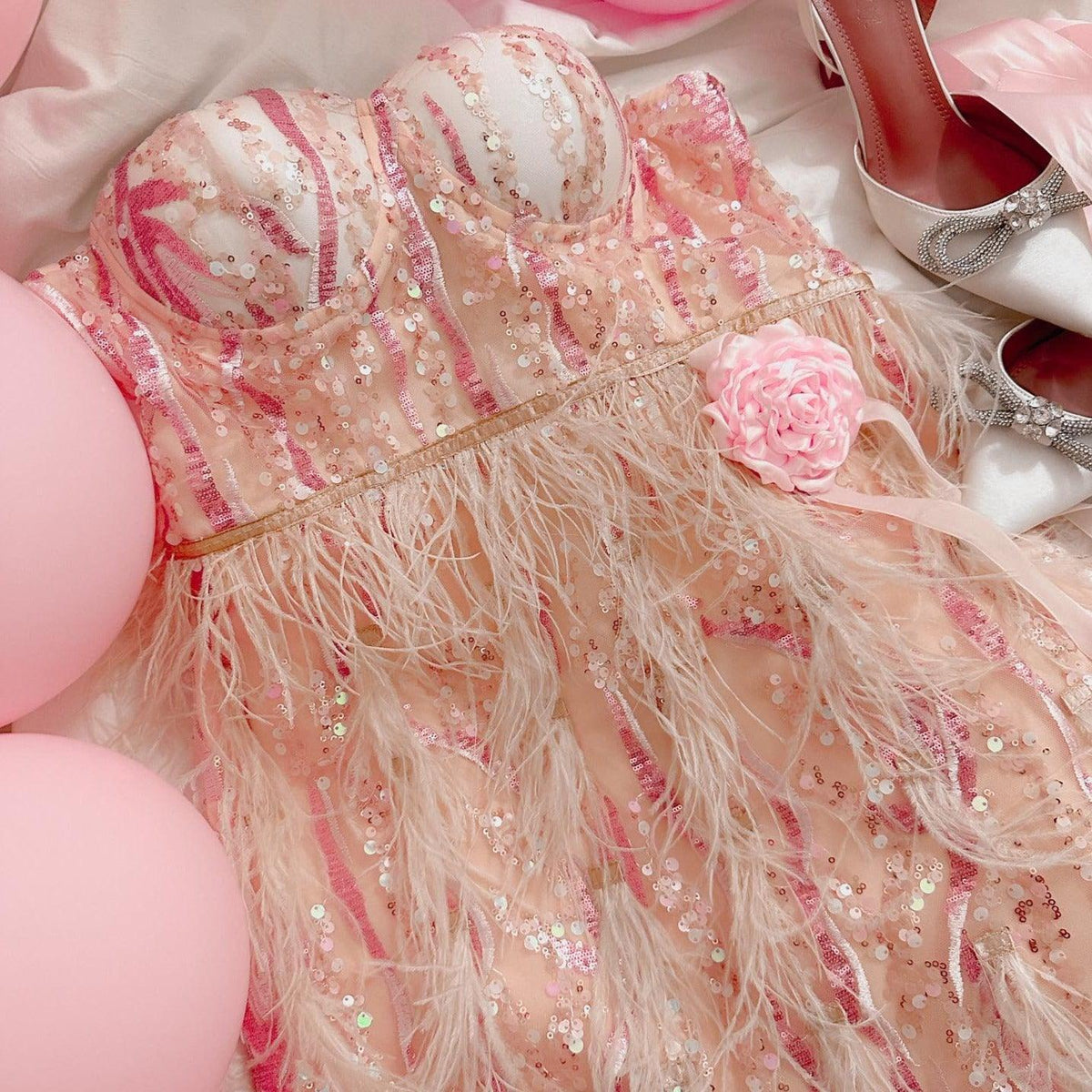 Sweetheart Sequin Feather Fringe Trim Mini Dress