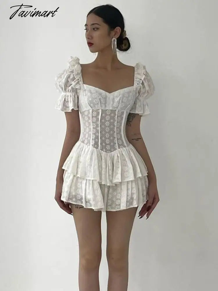 Vintage Elegant A-Line Dreess See Through Sexy Slim Square Collar Puff Sleeve Mini Dresses For Women Summer Spring