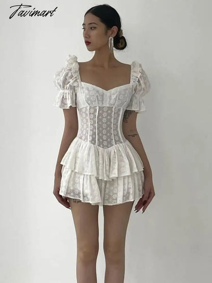 Vintage Elegant A-Line Dreess See Through Sexy Slim Square Collar Puff Sleeve Mini Dresses For Women Summer Spring