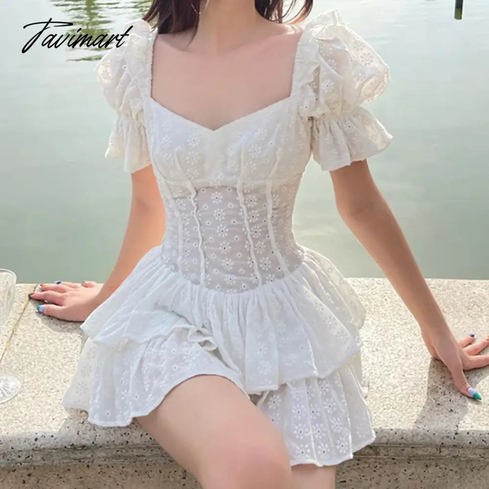 Vintage Elegant A-Line Dreess See Through Sexy Slim Square Collar Puff Sleeve Mini Dresses For Women Summer Spring