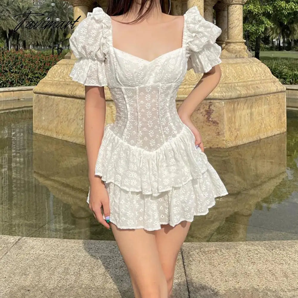 Vintage Elegant A-Line Dreess See Through Sexy Slim Square Collar Puff Sleeve Mini Dresses For Women Summer Spring