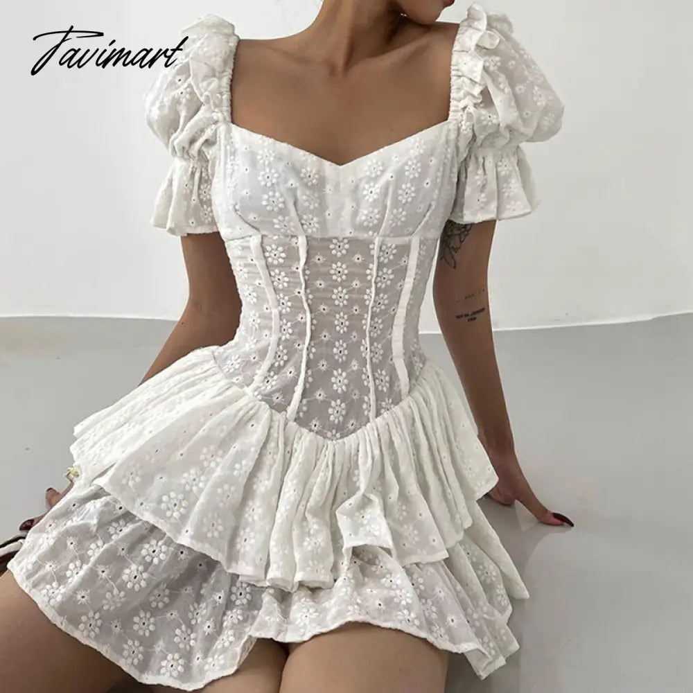 Vintage Elegant A-Line Dreess See Through Sexy Slim Square Collar Puff Sleeve Mini Dresses For Women Summer Spring