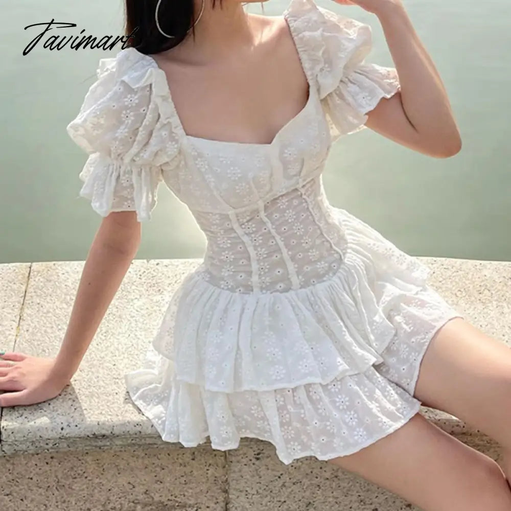 Vintage Elegant A-Line Dreess See Through Sexy Slim Square Collar Puff Sleeve Mini Dresses For Women Summer Spring