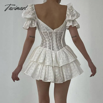 Vintage Elegant A-Line Dreess See Through Sexy Slim Square Collar Puff Sleeve Mini Dresses For Women Summer Spring