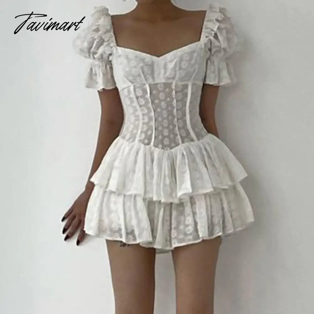 Vintage Elegant A-Line Dreess See Through Sexy Slim Square Collar Puff Sleeve Mini Dresses For Women Summer Spring