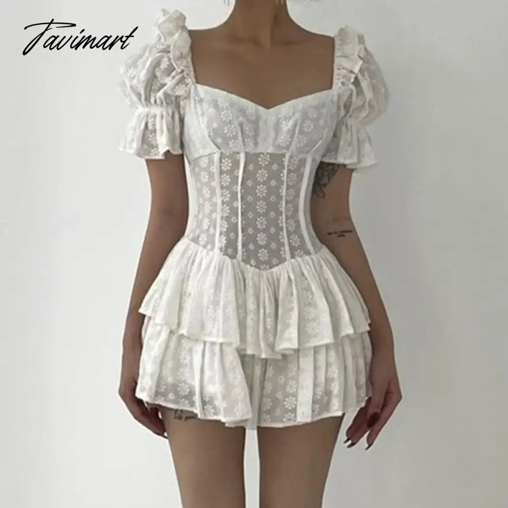 Vintage Elegant A-Line Dreess See Through Sexy Slim Square Collar Puff Sleeve Mini Dresses For Women Summer Spring