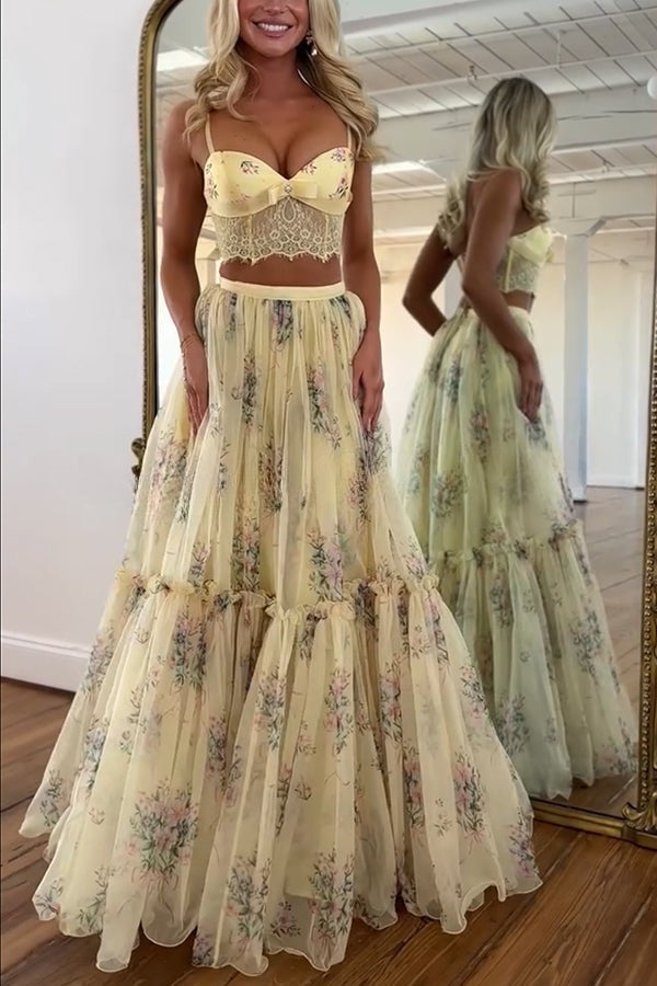 Vita Floral Satin Bow Lace Back Lace-up Crop Tank and Tulle High Rise A-line Maxi Skirt Set