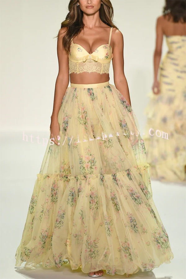 Vita Floral Satin Bow Lace Back Lace-up Crop Tank and Tulle High Rise A-line Maxi Skirt Set