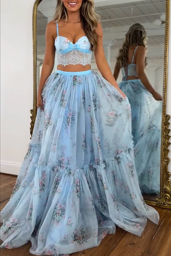 Vita Floral Satin Bow Lace Back Lace-up Crop Tank and Tulle High Rise A-line Maxi Skirt Set