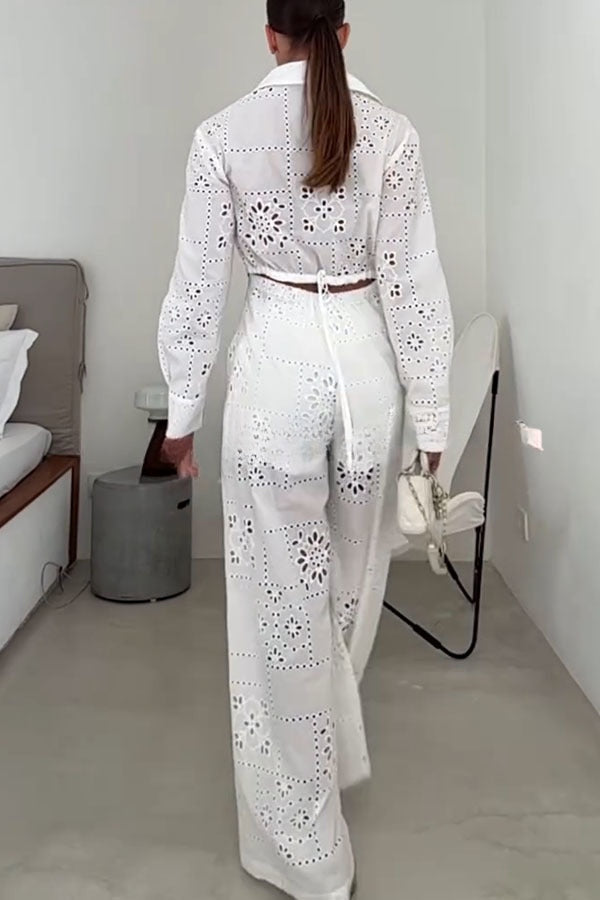 Vivi Embroidered Lace Cutout Long Sleeve Pocket Elastic Waist Loose Shirt Jumpsuit