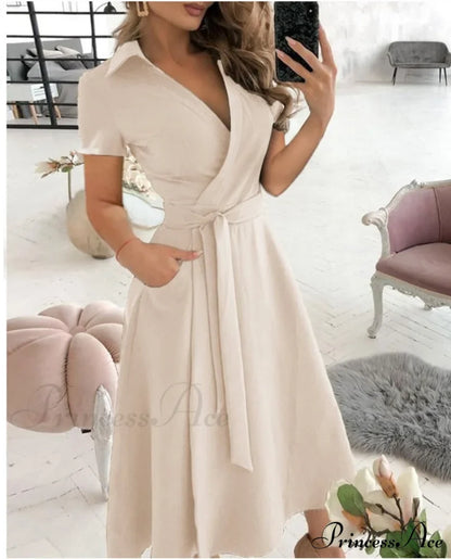 Warm-Season Retro Short-sleeved V-neck Gown Party Spring Patterned Fashion Belt