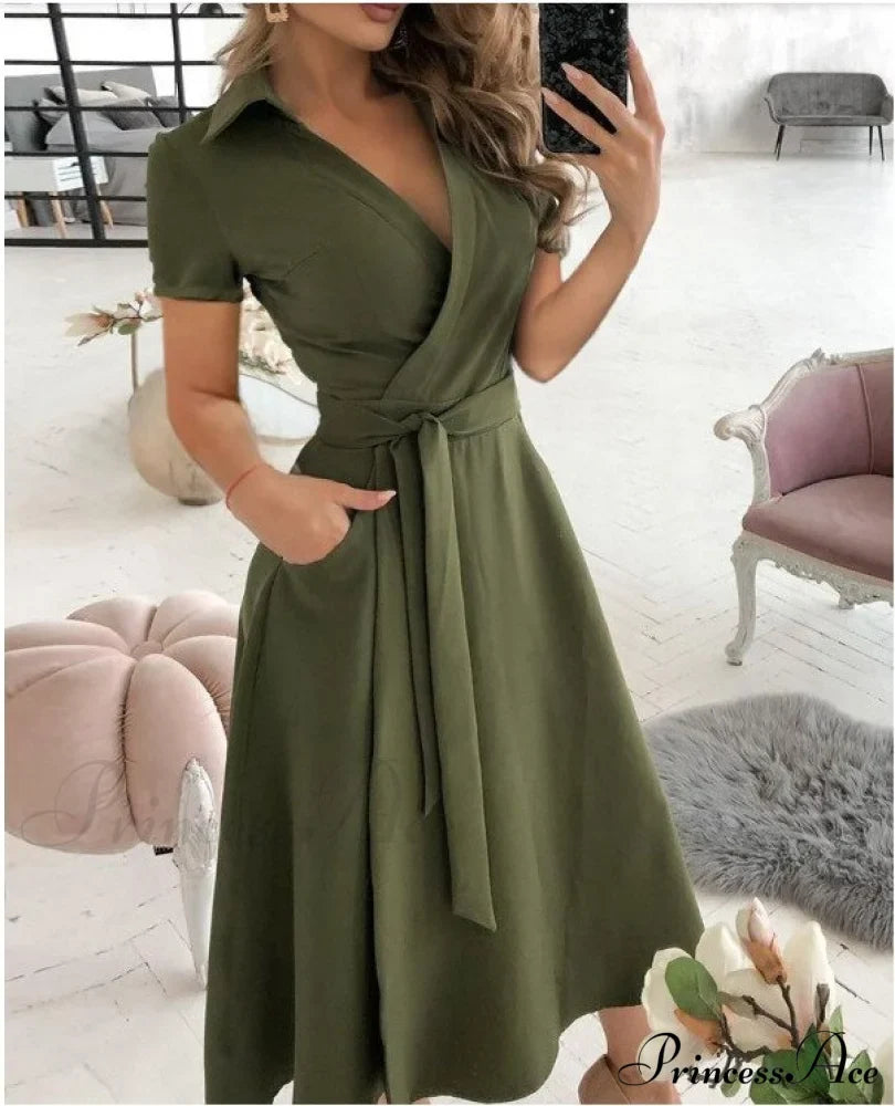 Warm-Season Retro Short-sleeved V-neck Gown Party Spring Patterned Fashion Belt