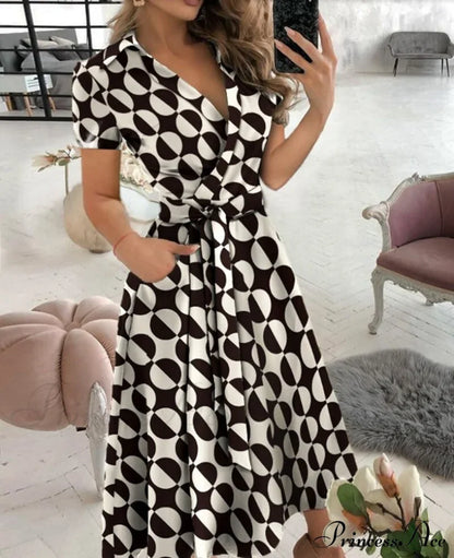 Warm-Season Retro Short-sleeved V-neck Gown Party Spring Patterned Fashion Belt
