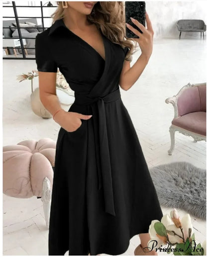 Warm-Season Retro Short-sleeved V-neck Gown Party Spring Patterned Fashion Belt