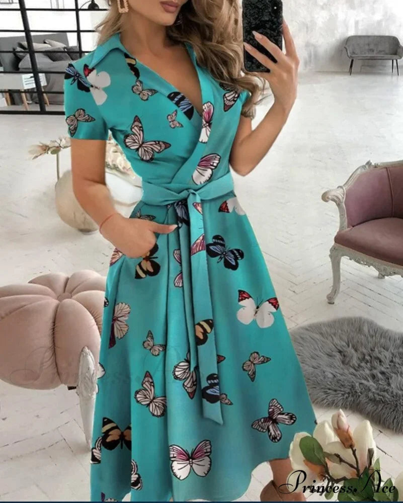 Warm-Season Retro Short-sleeved V-neck Gown Party Spring Patterned Fashion Belt