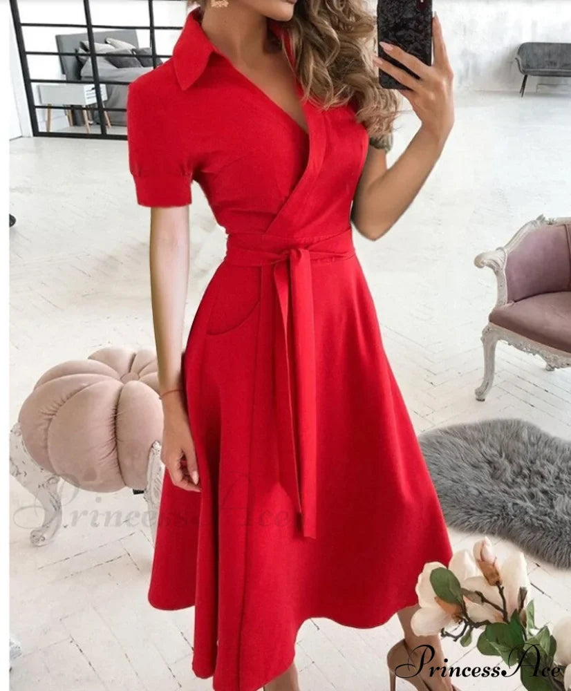 Warm-Season Retro Short-sleeved V-neck Gown Party Spring Patterned Fashion Belt