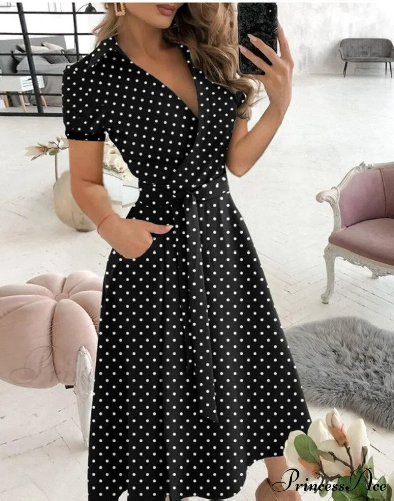 Warm-Season Retro Short-sleeved V-neck Gown Party Spring Patterned Fashion Belt