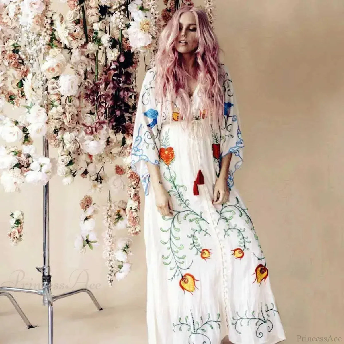 White Maxi Dress Cotton Floral Embroidery Sexy V-neck Beach Dress