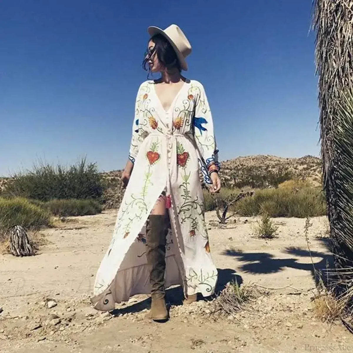 White Maxi Dress Cotton Floral Embroidery Sexy V-neck Beach Dress