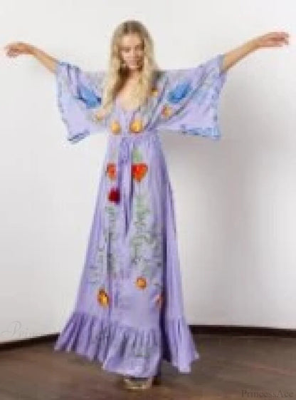 White Maxi Dress Cotton Floral Embroidery Sexy V-neck Beach Dress