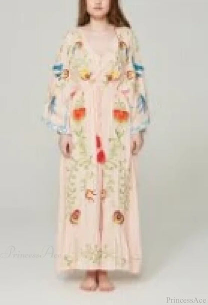 White Maxi Dress Cotton Floral Embroidery Sexy V-neck Beach Dress