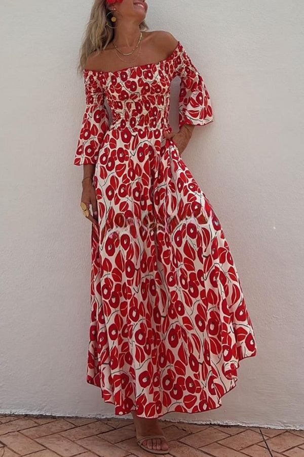 Close To The Vacation Floral Print Smocked Off Shoulder Pocketed Maxi Dress