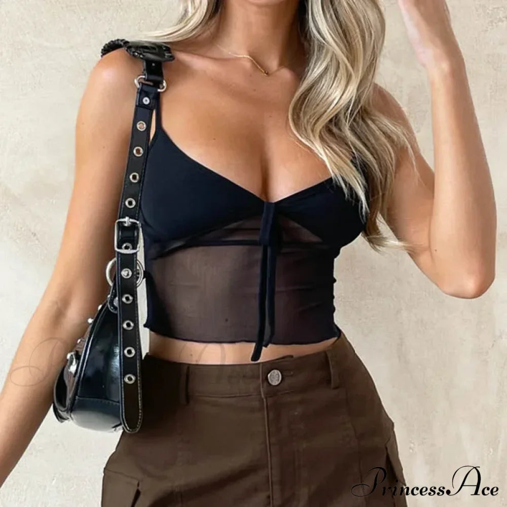Women See Through Mesh Crop Cami Y2k Ruffle Frill Backless Sleeveless Spaghetti Strap Camisoles Party Tank top