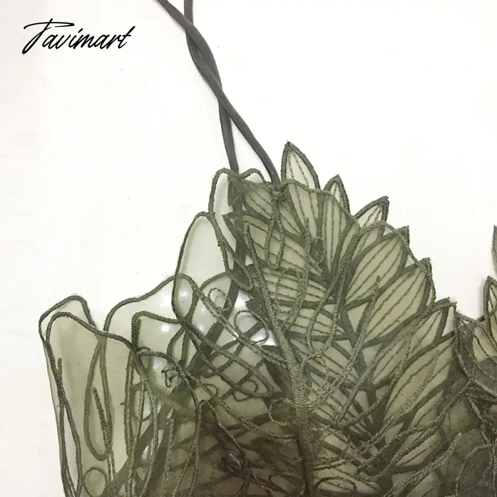 Women Tank Top Green Transparent Outfit Camisole Sexy Embroidered Tanks Organza Leaves Sexy Camis Crop Top