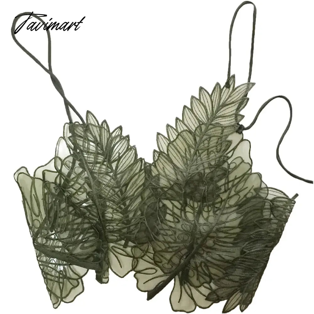Women Tank Top Green Transparent Outfit Camisole Sexy Embroidered Tanks Organza Leaves Sexy Camis Crop Top