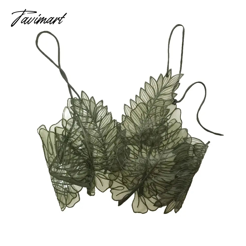 Women Tank Top Green Transparent Outfit Camisole Sexy Embroidered Tanks Organza Leaves Sexy Camis Crop Top