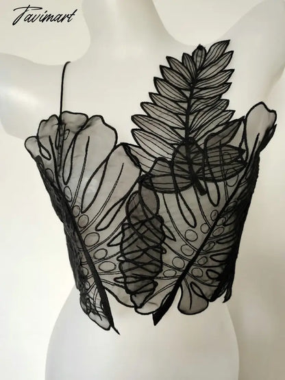Women Tank Top Green Transparent Outfit Camisole Sexy Embroidered Tanks Organza Leaves Sexy Camis Crop Top