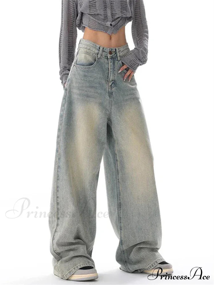 Women's American Vintage Washed Thin Casual Neutral Style Blue Denim Female High Waist Straight Pants Jeans