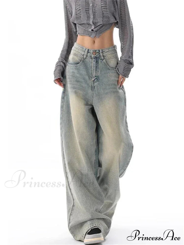 Women's American Vintage Washed Thin Casual Neutral Style Blue Denim Female High Waist Straight Pants Jeans