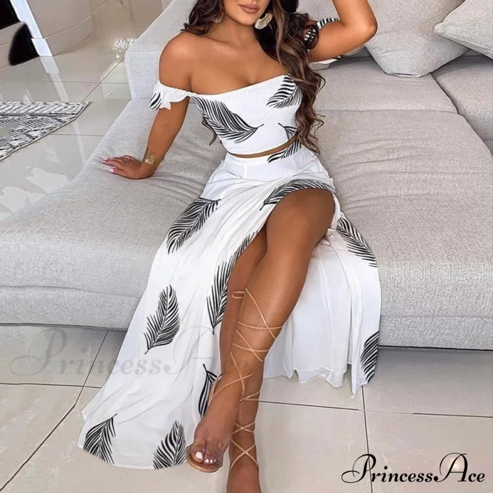 Women's Slash and - Long Warm-Season Top Slit Piece Spring with Shoulder Neck Set Two Off Flowered Party Gown Design Skirts