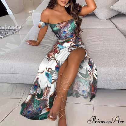 Women's Slash and - Long Warm-Season Top Slit Piece Spring with Shoulder Neck Set Two Off Flowered Party Gown Design Skirts