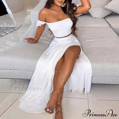 Women's Slash and - Long Warm-Season Top Slit Piece Spring with Shoulder Neck Set Two Off Flowered Party Gown Design Skirts