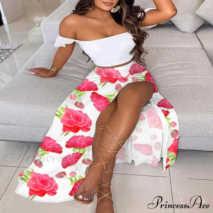 Women's Slash and - Long Warm-Season Top Slit Piece Spring with Shoulder Neck Set Two Off Flowered Party Gown Design Skirts