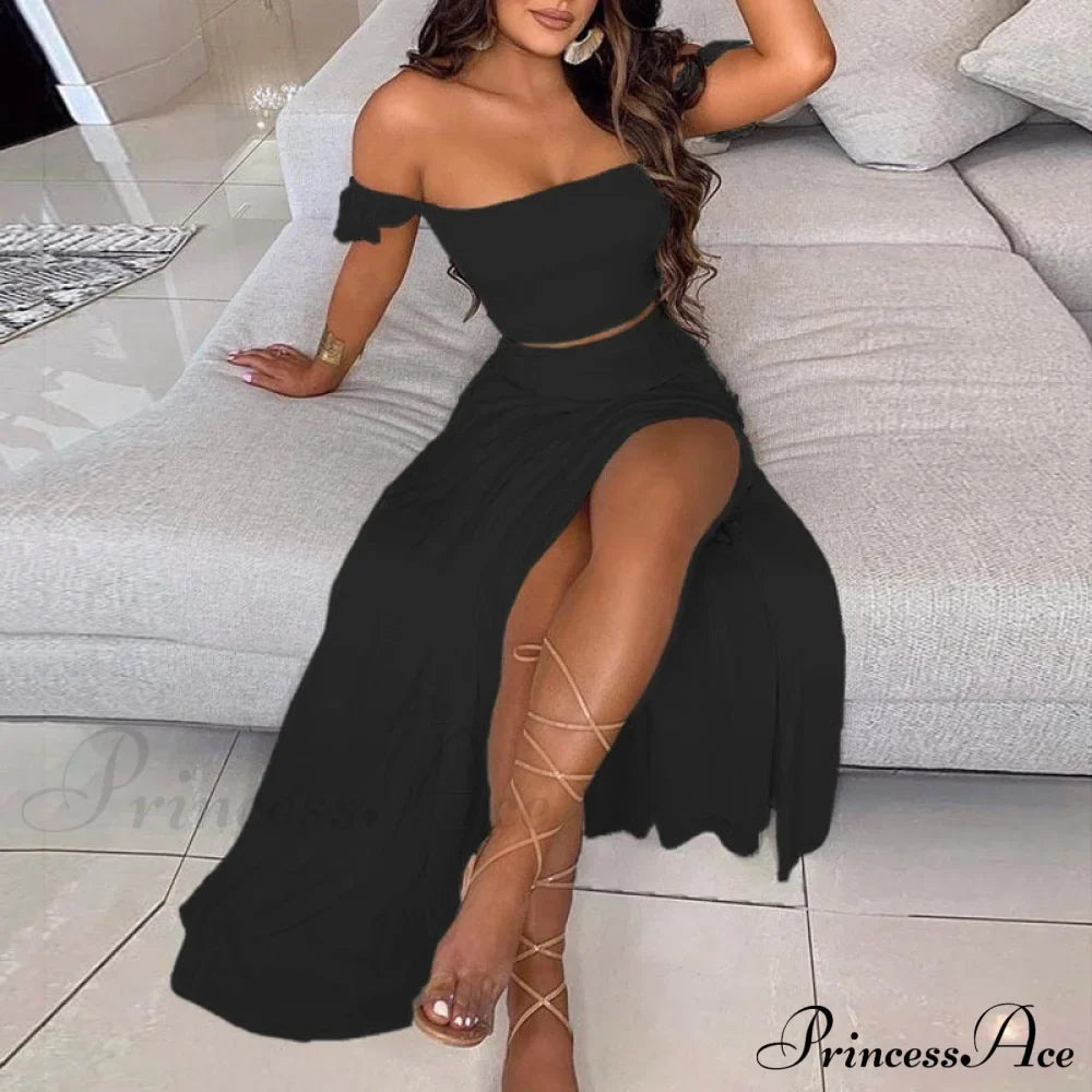 Women's Slash and - Long Warm-Season Top Slit Piece Spring with Shoulder Neck Set Two Off Flowered Party Gown Design Skirts