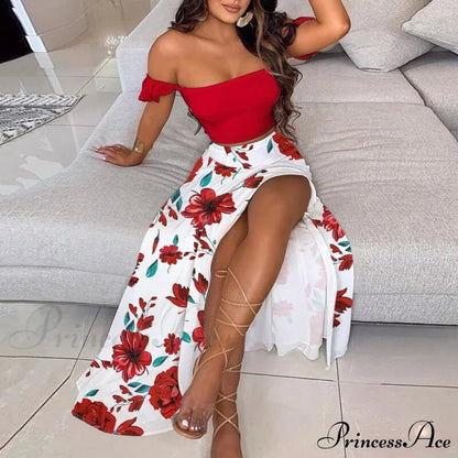 Women's Slash and - Long Warm-Season Top Slit Piece Spring with Shoulder Neck Set Two Off Flowered Party Gown Design Skirts