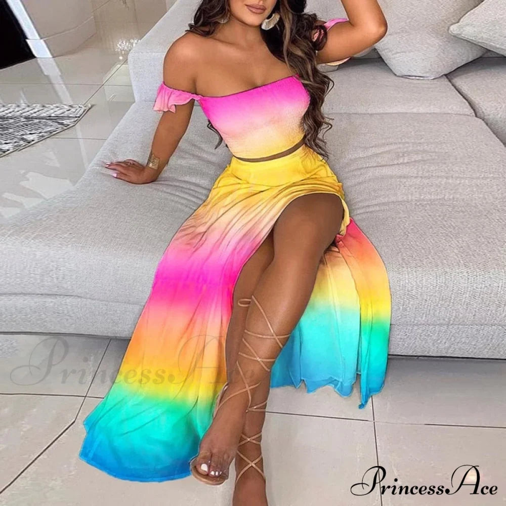 Women's Slash and - Long Warm-Season Top Slit Piece Spring with Shoulder Neck Set Two Off Flowered Party Gown Design Skirts
