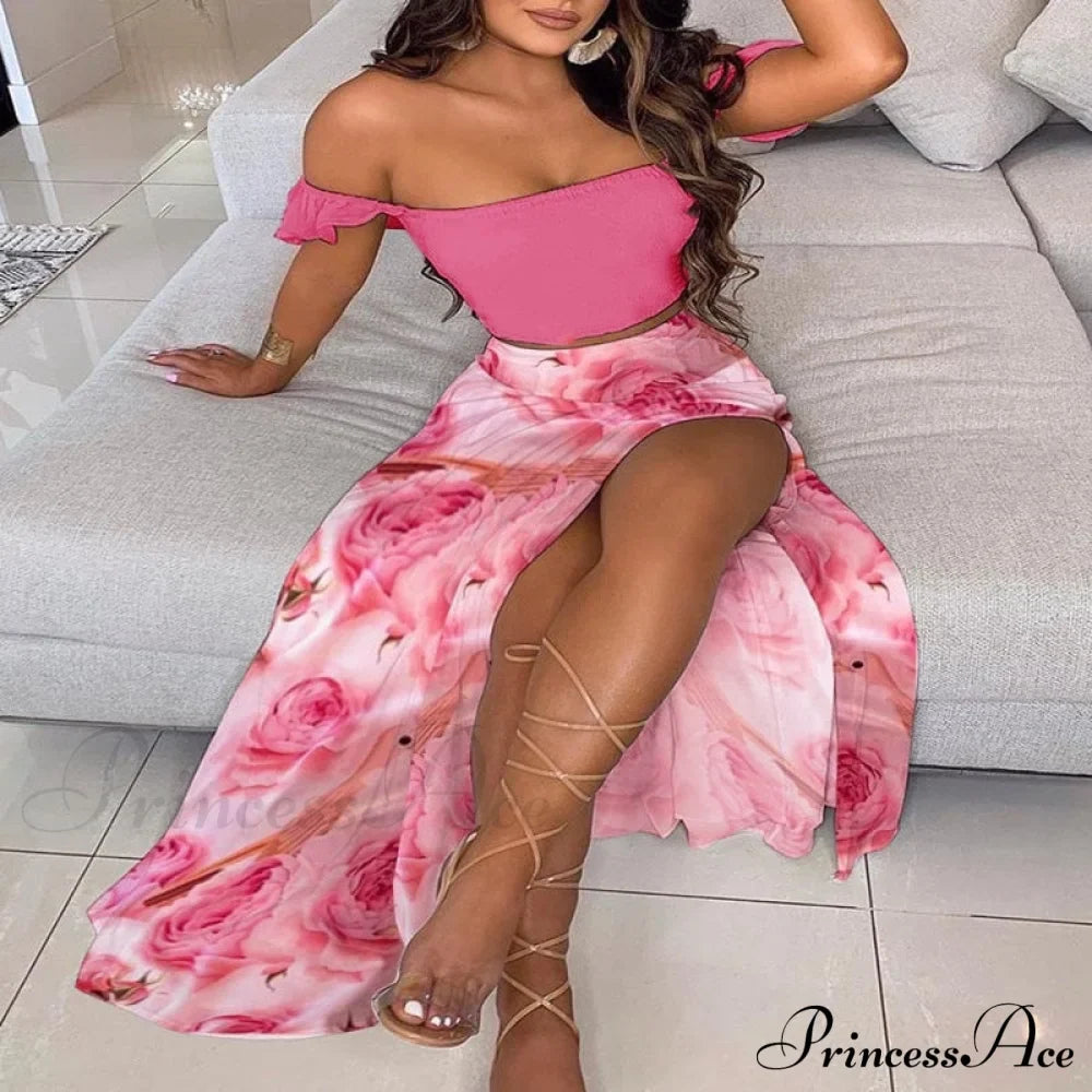 Women's Slash and - Long Warm-Season Top Slit Piece Spring with Shoulder Neck Set Two Off Flowered Party Gown Design Skirts
