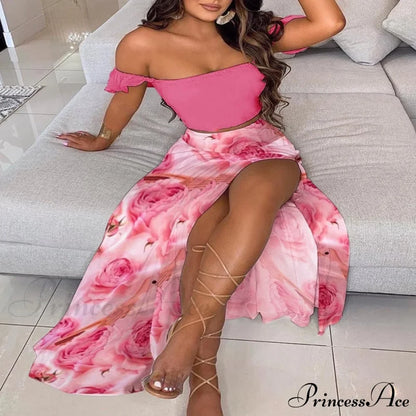 Women's Slash and - Long Warm-Season Top Slit Piece Spring with Shoulder Neck Set Two Off Flowered Party Gown Design Skirts