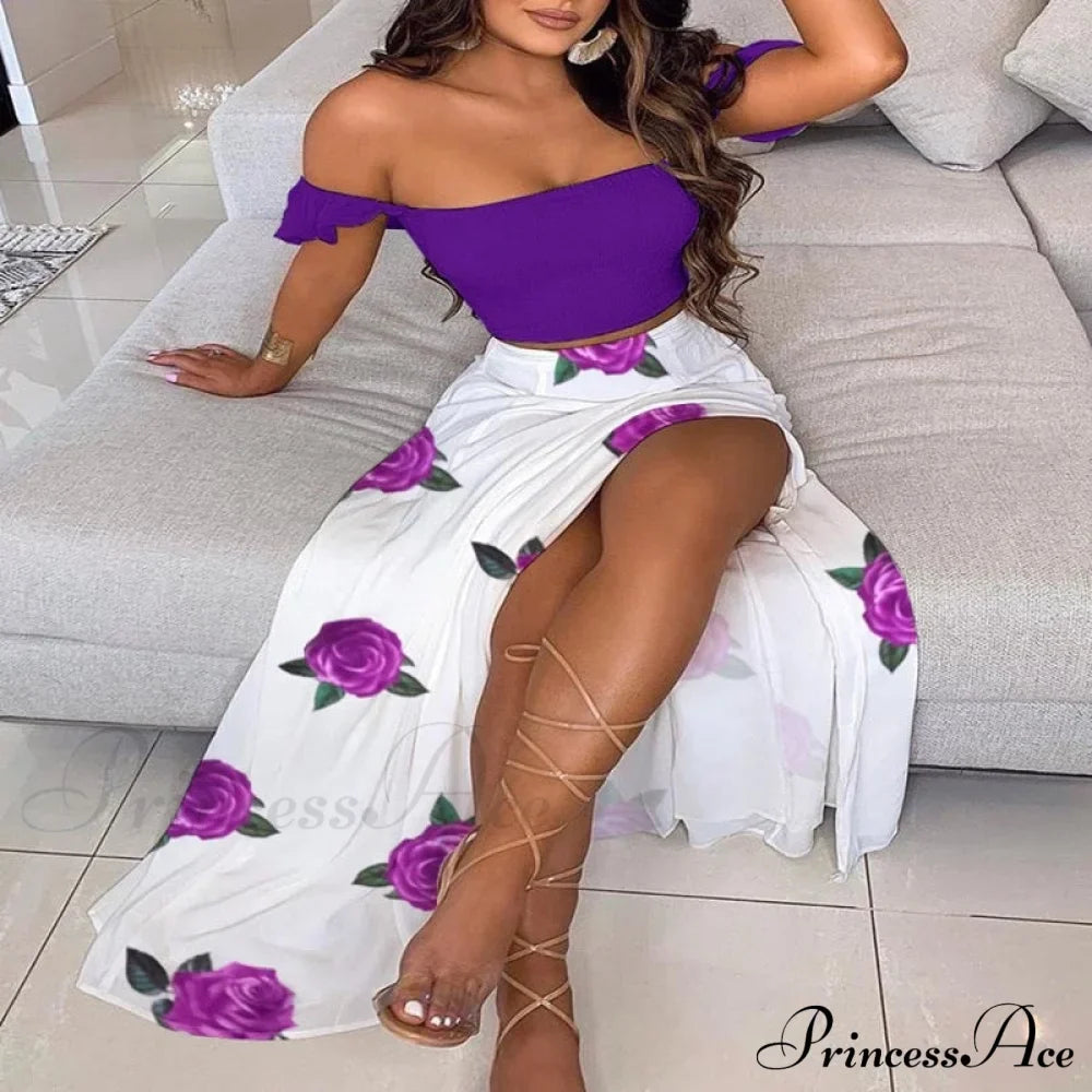 Women's Slash and - Long Warm-Season Top Slit Piece Spring with Shoulder Neck Set Two Off Flowered Party Gown Design Skirts