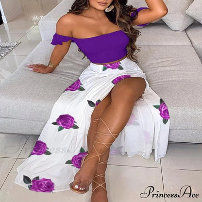 Women's Slash and - Long Warm-Season Top Slit Piece Spring with Shoulder Neck Set Two Off Flowered Party Gown Design Skirts