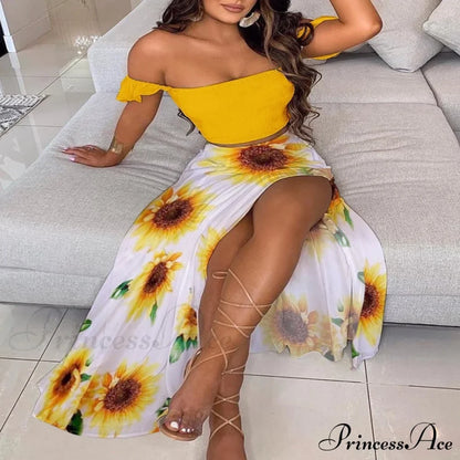 Women's Slash and - Long Warm-Season Top Slit Piece Spring with Shoulder Neck Set Two Off Flowered Party Gown Design Skirts