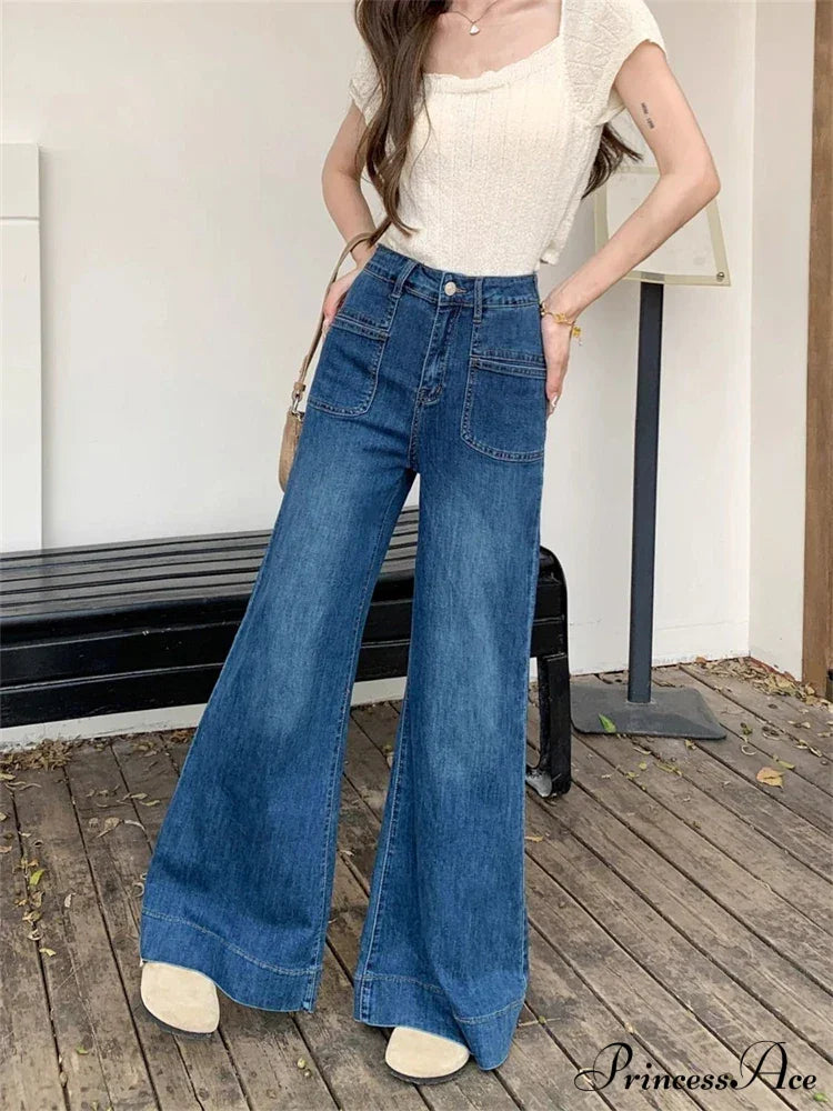 Women's Vintage Style Micro Flared Street Girl Bottoms High Waisted Pant Female Fashion Blue Denim Wide Leg Jeans