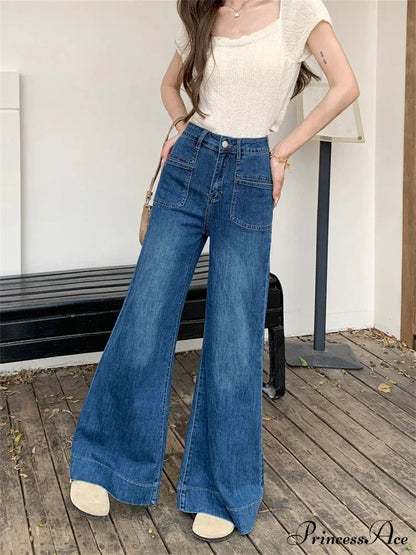 Women's Vintage Style Micro Flared Street Girl Bottoms High Waisted Pant Female Fashion Blue Denim Wide Leg Jeans